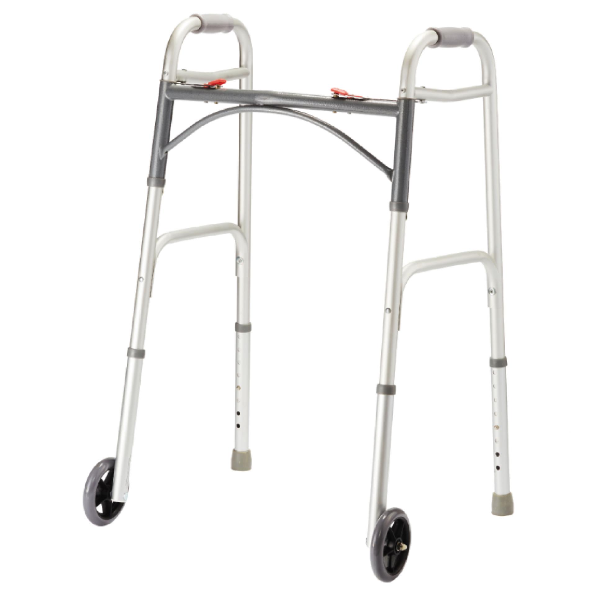 Double Button Foldable Aluminum Frame Walker with 2 Wheels